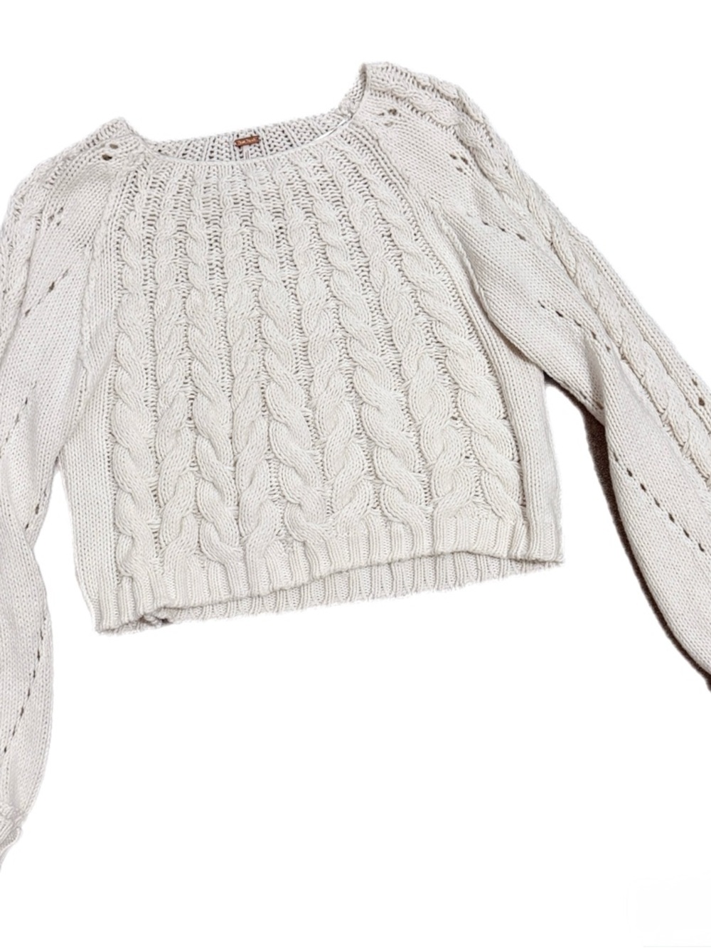 Free People Cable Knit Sweater M Cream Cropped Chunky Knit Boho Cozy Pullover
